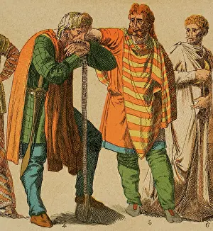 Drucke von Galische Krieger und Priester, 1881. Von links nach rechts: 4- Kriegergewand mit Kettengefesseltem Schwert, 5- Männerkleidung eines hohen Ranges, 6- Galischer Priesterrock mit sakraler Klinge Cantu Drucke: Gallier, 1881. Vom linken zum rechten: 4 - Kriegergewand mit geschlossener Kette