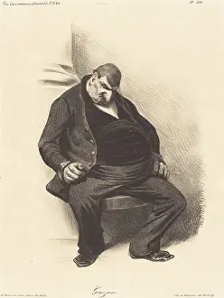 Drucke von Gasan, 1835. Karikatur eines übergewichtigen, sitzenden männlichen Figur darstellend einen alten Industriellen, der sich an einer Säule lehnt und sein Kinn auf die Brust fallen lässt Industrielle Drucke: Gasan, 1835. Künstler: Honoré Daumier