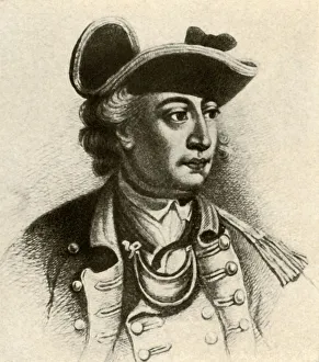 American Revolutionary War Drucke: General John Sullivan, in cocked hat edged with braid and a gorget, c1770, (1937)