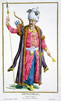 Drucke von Genghis Khan, mongolischer Krieger und Eroberer (1780). Genghis Khan (*c1162-1227) gründete das größte kontinuierliche Reich in der Geschichte Pierre Duflos Drucke: Genghis Khan, mongoler Krieger und Eroberer (* 1780), Maler: Pierre Duflos