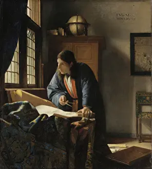 Drucke von Der Geograph, 1669. Der Geograph hat gerade Entfernungen auf einer Karte mit seinem Kompass gemessen; jetzt hält er inne und überlegt nach Johannes Vermeer Drucke: Der Geograph, 1669. Künstler: Jan Vermeer