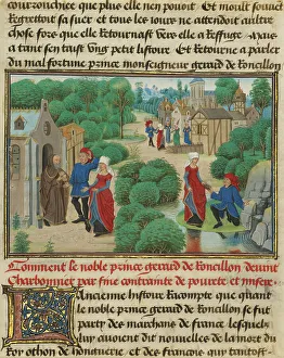 Gerhard und Bertha finden Nahrung in einem Einsamkeitshaus; geschrieben um 1463 -um 1465 ; illustriert um 1467 bis 1472 . Schöpfer : Loyset Liedet , Pol Fruyt