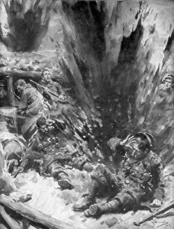 Trench Life During WW1 Drucke: A German Shell Explodes in a British Trench, 1914, (1926). Artist: Arthur C Michael