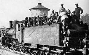 Steam Locomotive Germany Drucke: German troops travelling by train to the eastern front, First World War, 1914