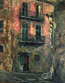 Drucke von In der warmen Sonne Gironas, 1931. Ein Haus mit Balkonen, umgeben von Blumen und Grün. Die Atmosphäre ist ruhig und friedlich, ein Moment des Friedens inmitten einer turbulenten Zeit Z Drucke: Bild einer Häuserzeile mit Balkonen in Girona, Katalonien, 1931