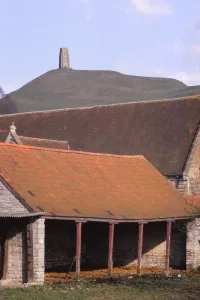 Glastonbury Tor Landscape Drucke: Glastonbury Tor and Ancient Tithe Barn, Somerset, 20th century. Artist: CM Dixon