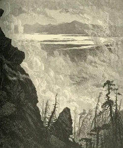 Green Mountains Landscape Drucke: Glimpse of Lake Champlain, from Summit, 1874. Creator: W. J. Linton