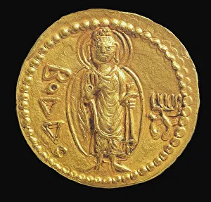 Drucke von Edelstein, Kuschanehinsenrückseite mit baktischen Schrift und Darstellung von Buddha (Boddho). Privatbesitz Bilder Datiert 2022 Februar: Edelmünze des Kuschans. Umschlag mit baktischen Schrift und Bild von Bodho (Buddha) aus der Zeit um 127 bis 150 n