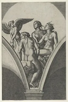 Marcantonio Raimondi Artwork Drucke: The Three Graces sitting on clouds