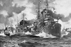 Das große russische Flottenkommando segelt zum letzten Mal vor die Küste der japanischen Inseln ab. Russisch-Japanischer Krieg 1904