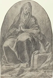 Biblical Character Depictions Drucke: The Grieving Virgin Contemplating Instruments of the Passion, 1640s. Creator: Unknown