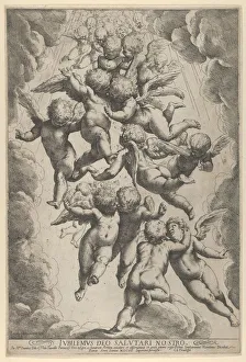 Ein Gruppenbild von Engeln im Flug umarmt sich vor einem Himmel mit Wolken, umgangen durch das Jahr 1607.