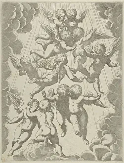Seventeenth Century Religious Art Drucke: A group of angels embracing in flight