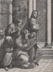 Die Gruppe aus Raphaelis Schule von Athen, datiert 1523. Künstler: Agostino Veneziano