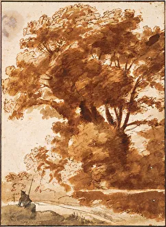 Albertina Vienna Collection Drucke: Group of Trees and Resting Sheperd, 1630s. Artist: Lorrain, Claude (1600-1682)