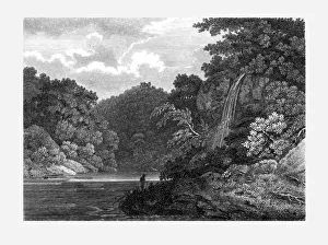 Drucke von Hackfall im Yorkshire um 1809. Blick auf einen Bereich auch als Hackfall-Wald bekannt, der Grotten mit Überraschungsblick, Wasserfälle eine Fontäne und mehrere Follien beinhaltet und in den 19 Francis Nicholson Drucke: Hackfall, Yorkshire, um 1809 von Letizia Byrnne