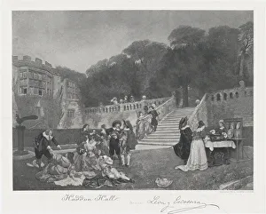 Haddon Hall Drucke: Haddon Hall with elegantly dressed figures in the foreground