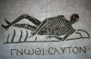 Halloween Drucke: Römisches Mosaik mit der Inschrift 'Wiss' dich selbst