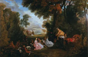 Drucke von Der Halte während der Verfolgung (Rendez-vous de chasse), 1717-1720. Von der Wallace Collection, London Jean-Antoine Watteau Drucke: Der Haltestand Während der Verfolgung (Rendez-vous de chasse)