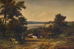 Ein Hafen umgeben von Wäldern und Weiden mit Rindern aus dem Jahr 1859. Künstler: Alfred Vickers