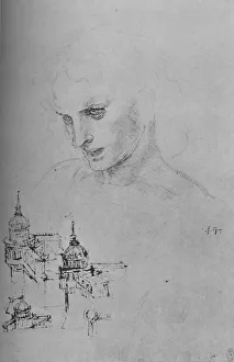 Black And White Drawings Italy Drucke: Head of an Apostle and Study of Architecture, c1480 (1945). Artist: Leonardo da Vinci