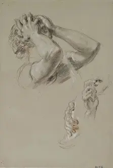 British Romantic Era Art Drucke: Head with Hands hiding Face, Study of Hands, c1825-1849. Creator: William Allan