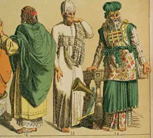Drucke von Hebräer, 1881. Von links nach rechts, 12: lateinisch-hebräische Kleidung, 13: Priestergewand, 14: päpstliches Gewand. Aus Historia Universal (Universalgeschichte) von Cesar Cantu, Band I, 1881 Cantu Drucke: Hebräer 1881. Schöpfer: Unbekannt.