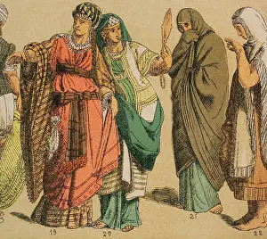 Drucke von Hebräer, 1881. Von links nach rechts; 19-20: Damenkleidung, 21: Hebräerin in Straßenkleidung, 22: Assyrisch-hebräische Mischkostüm Cantu Drucke: Hebräer 1881. Künstler: Unbekannt.
