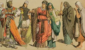 Drucke von Hebräer, 1881. Von links nach rechts; 17: Reichtumskostüme in der Zeit Davids und Salomos, 18: Kriegerkostüm, 19-20: Frauenkleidung, 21: Hebräische Frau in Straßenkleidung Cantu Drucke: Hebräer, 1881. Künstler: Unbekannt.