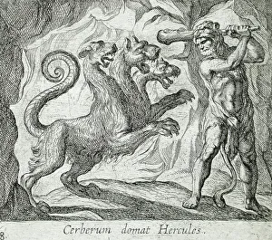 Herkules und Zerberos, veröffentlicht 1606. Ersteller: Antonio Tempesta, Wilhelm Janson