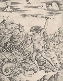 Herkules und die Hydra; mit einem Zangen erfasst er den fliegenden, mehrköpfigen ... hydros.