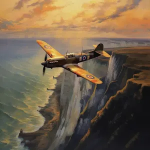 Spitfire Drucke: Artificial-Intelligenz-Bild - Spitzingugel Flugzeug über die Weißen Klippen von Dover aus den 1940er Jahren