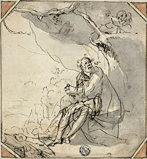 Antique Italian Artwork Drucke: Hermit Saint in Cave, n.d. Creator: Unknown