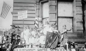 Allegorical Figures In Art Drucke: High School Float in Wake Up parade, 1917. Creator: Bain News Service