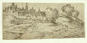 Pen And Ink Drawing Style Drucke: Hill Town with Trees in Foreground, n.d. Creator: Unknown