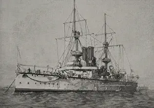 British Navy History Drucke: HMS Centurion (1892), Centurion-class battleship, Royal Navy, 1898. Creator: Sampietro