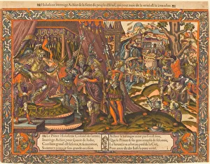Hand Colored Woodcut Prints Drucke: Holofernes Interrogating Achior, c. 1575. Creator: Unknown
