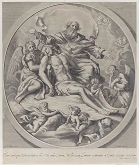 Die Heilige Dreifaltigkeit mit dem Toten Christus im Mittelpunkt umgeben von Engeln und Gottvater