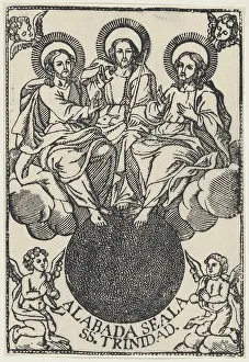 Holy Trinity Art Drucke: The Holy Trinity sitting on clouds surrounded by angels. Creator: Anon