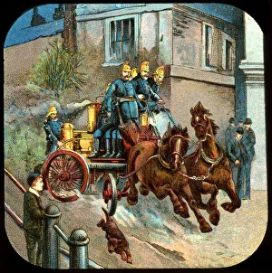 Victorian Era Firefighting Drucke: Horse-drawn fire engine, c19th century