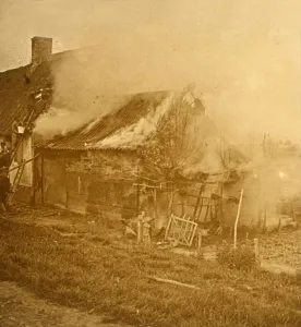World War One Destruction Drucke: House hit by a shell, c1914-c1918