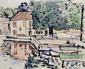 Post Impressionist Painting Drucke: House By The Water - Reflections, c1927. Creator: George Leslie Hunter