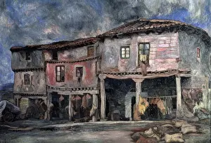 Drucke von Ein Bild der Vergangenheit: Ein traditionsreicher Weinschlauchmacher lebt in einem kleinen Dorf, umgeben von den Häusern seiner Familie und Nachbarn Z Drucke: Häuser des Weinschlauchmachers, 1926