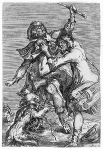 Der Hurdy-Gurdelspieler angreift einen Pilger aus dem Jahr 1614. Ersteller: Jacques Bellange