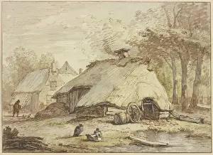 Dutch Golden Age Painting Drucke: Three huts under trees, three ducks sitting in the foreground