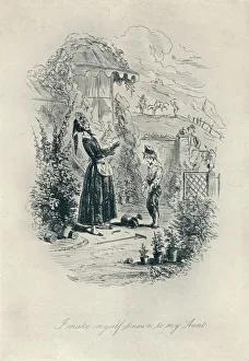 Ich Stelle mich der Tante bekannt. Radierung aus dem Buch von David Copperfield, 1840 - 1880 (1923), Künstler: Hablot Knight Browne