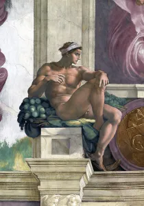 Ignudus (Sistiner Dach im Vatikanum), 1508 - 1512. Schöpfer: Bonarroti, Michela Angelo (1475 - 1564)