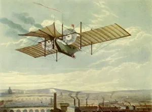 Drucke von Die imaginäre Flugfähigkeit von Hensons Ariel, 1843, (1944). William Henson und John Stringfellows Entwurf für eine mit Dampf betriebene Flugmaschine aus dem Jahr 1843 Ariel Drucke: Ein imaginärer Flug von Hensons Ariel, 1843, (1944). Künstler: Day und Haghe.