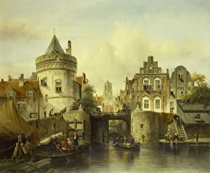 Amsterdam Canal Scene Drucke: Imaginary View based on the Kolksluis, Amsterdam, 1839. Creator: Salomon Leonardus Verveer