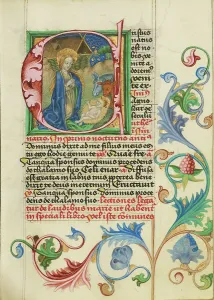 Christian Nativity Scene Drucke: Initial C: The Nativity; Prayer Book, about 1470-1480. Creator: Workshop of Valentine Noh